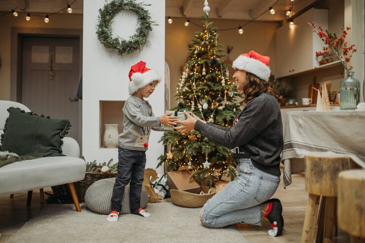 mother son santa hats having fun relaxing home xmas